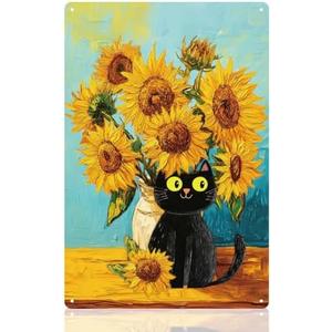 Sunflower and Cute Black Cat Wall Art Decor Metal Sign, Vintage Metal Tin Poster for Home Bedroom Living Room Dorm Decor Gift 8 x 12 Inch