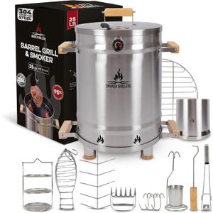 Barrel Smoker Grill Combo | 100% 304 Stainless Steel Barrel | 95% Less Smoke, Even Heat | Easy to Use & Clean Vertical Smoker Ideal for Balconies and Backyards (MEDIUM-25 LBS)