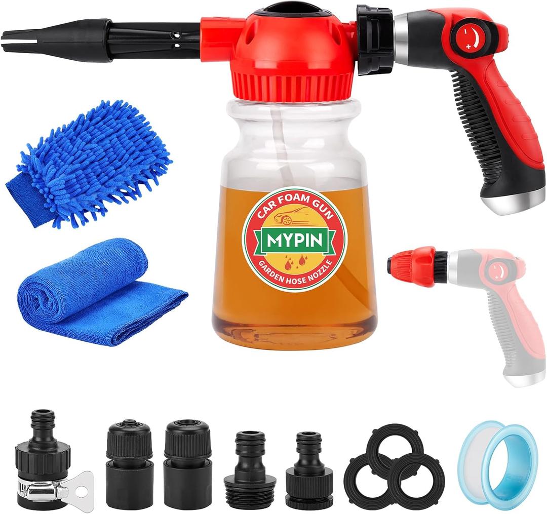 MYPIN 16 in 1 Car Wash Foam Gun, Foam Cannon,Adjustable Hose Wash Sprayer with 2.5 to 6 Bars Foam Blaster,Suitable for Car Cleaning and Garden Use with 1/2 Quick Connector (Clear)