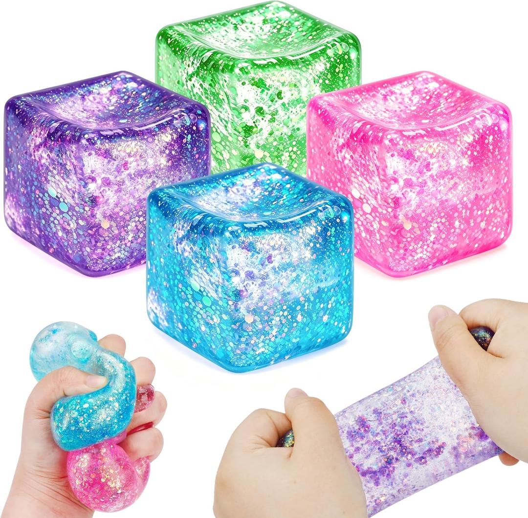 4 Pack Glitter Ice Cube Squishy Fidget Toys, Squishy Cube Stress Balls for Adults & Kids, Slow Rising Stress Relief Toys, Squeeze Ball Filled with Thick Substance and Glitter