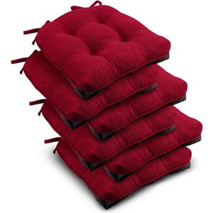 downluxe Indoor Chair Cushions for Dining Chairs, Tufted Overstuffed Textured Kitchen Chair Pads with Ties and Non-Slip Backing, 15.5" x 15.5" x 4", Red, 6 Pack