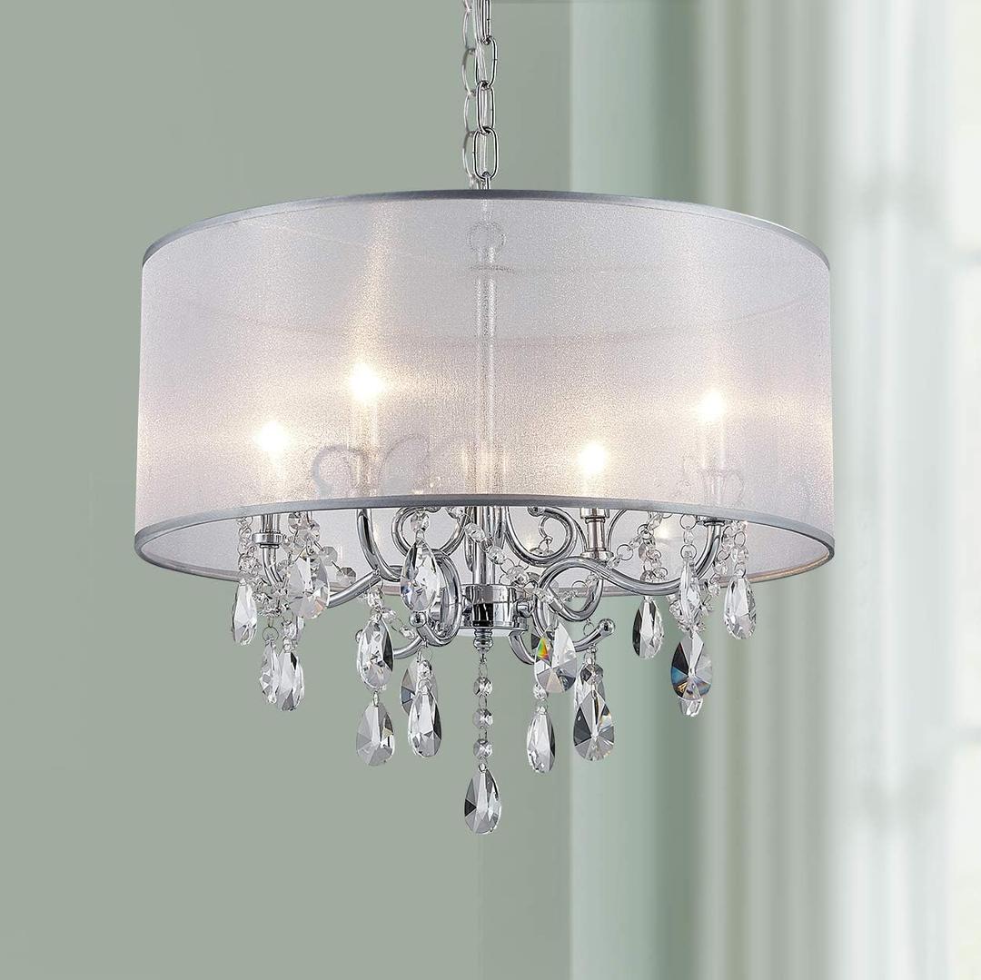 Bestier Modern Elegant Crystal Pendant Drum Chandelier 4 Light Chrome Lighting Fixture LED Ceiling Light Dia 19 in x H 18 in