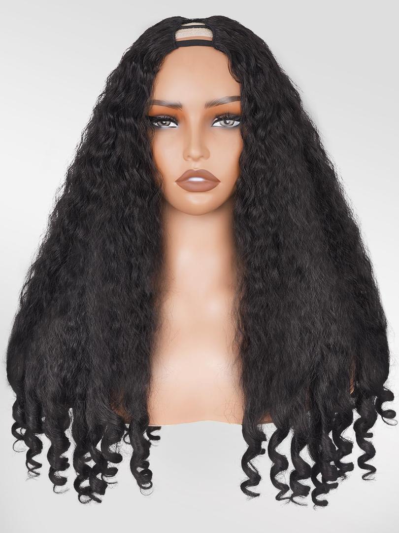 Afro Wig V Part Kinky Curly Wigs for Black Women, 180% Density Wear and Go Glueless Wig with Unique Bouncy Curls in the End, Synthetic No Leave out Clip in (#1B Black wig, 22 Inch)