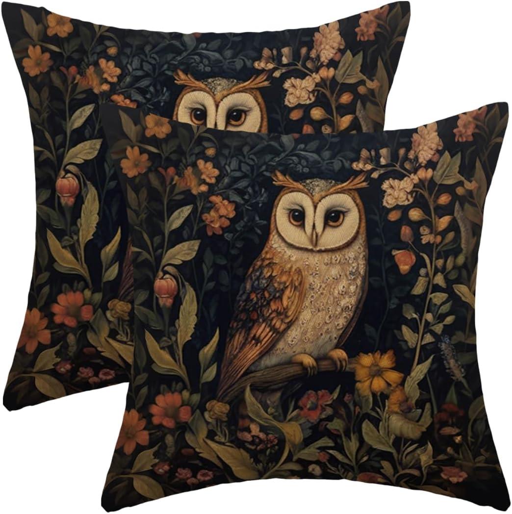 Abstract Vintage Floral Pillow Covers 20x20 Inch Owl Throw Pillow Covers Set of 2 Farmhouse Forest Plants Pillow Cases Outdoor Decor for Living Room Bedroom Linen Square CushionBlack