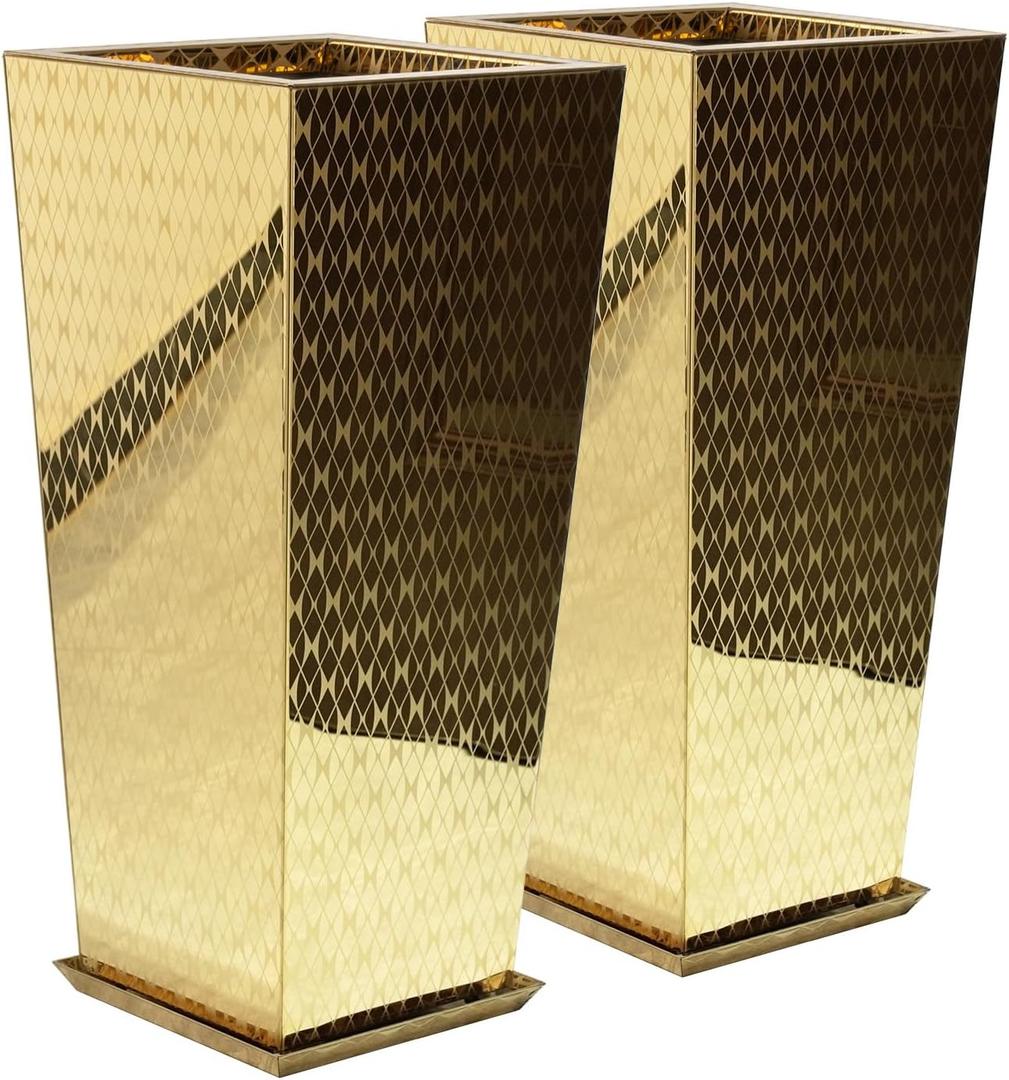 Luxury Stainless Steel Golden Taper Tall Planter Box Set of 2 | Vase with Mirror Etching 24H, Top 11 in,Bottom 8 in,Decrative Pot Indoor/Outdoor for Patio,Office,Tall Plants,Trees,Flowers