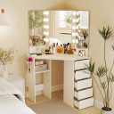 MAT EXPERT Corner Vanity Desk, Girls Vanity Table with Mirror, Lighting, Hair Dryer Holder, Makeup Station with 5 Drawers, Storage Shelves, Charging, Makeup Vanity Set for Bedroom, Small Space (White) (Box 2 of 2)