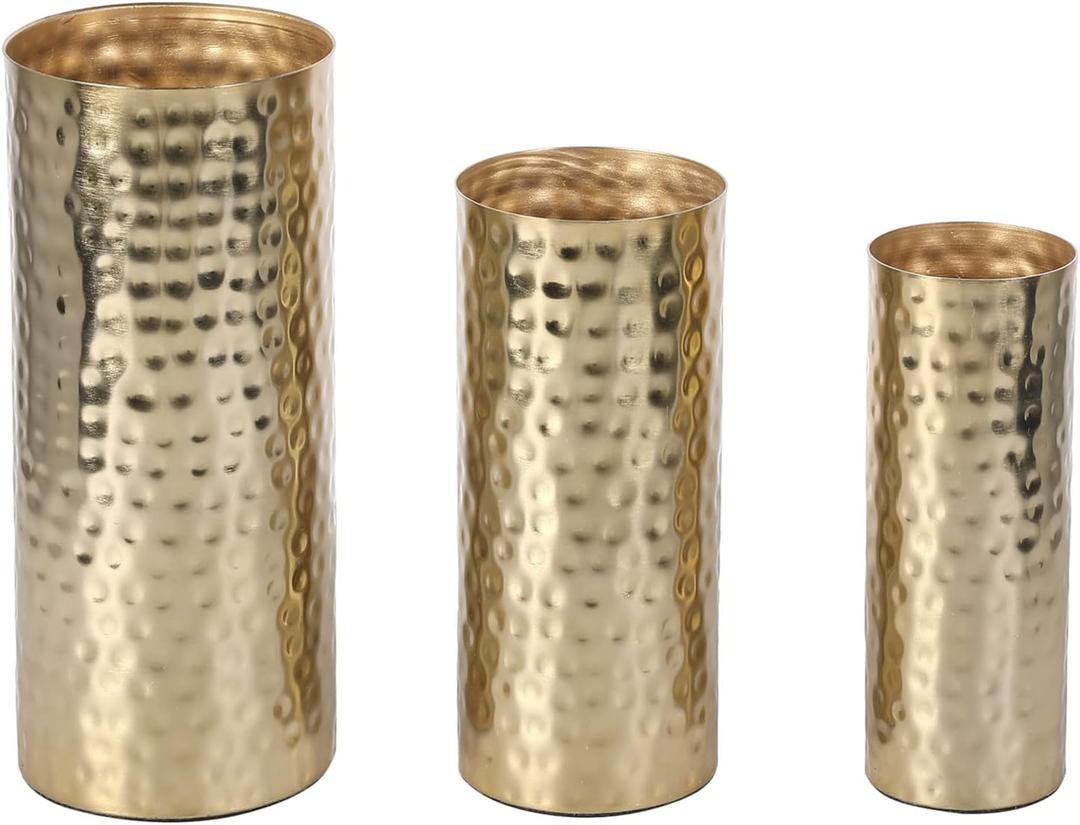 MyGift Tall Modern Brass Tone Hammered Metal Cylinder Flower Vases, Decorative Centerpiece Vases Set of 3 (Large, Medium, Small Sizes)