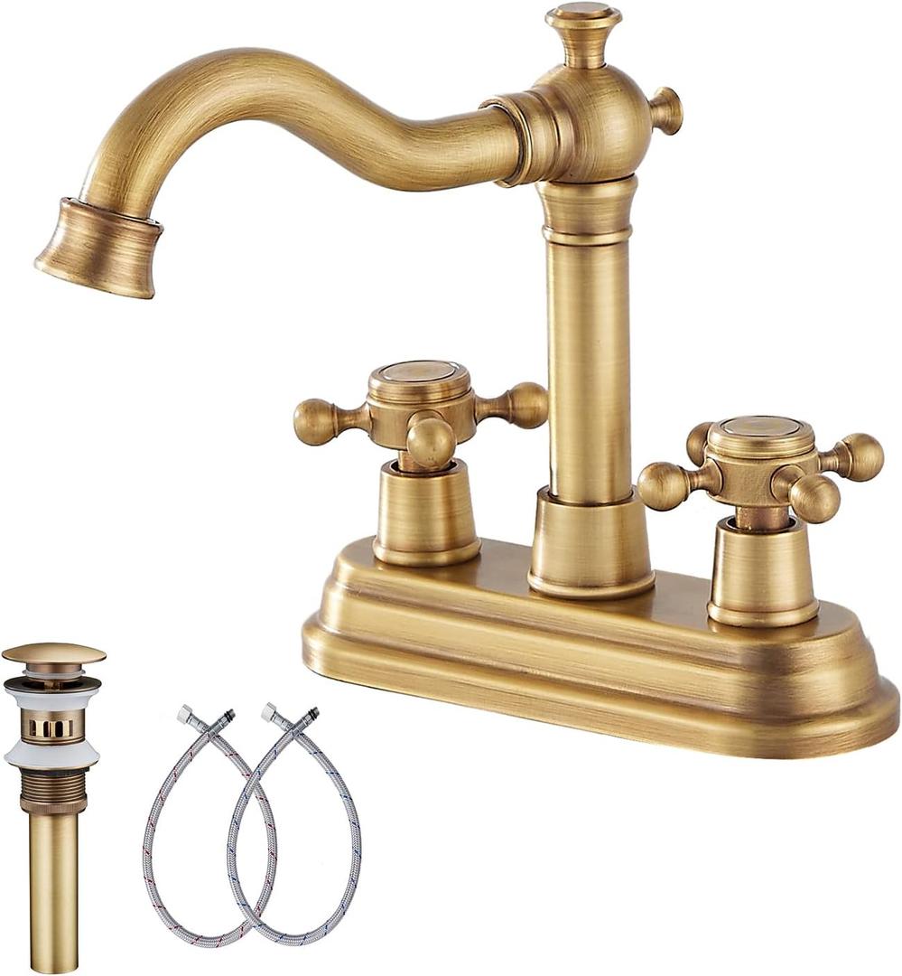 GGStudy Antique Brass Bathroom Faucet - 2 Handles, 4 Inches Centerset, RV Vanity With Drain Assembly and Supply Hose - Lavatory Mixer Double Handle Tap