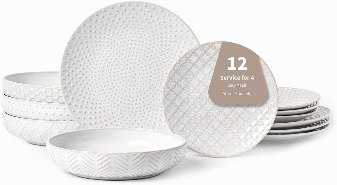 12-Piece Embossed Dinnerware Set4 Dinner Plates,4 Salad Plates,4 Pasta Bowls,Ceramic, Dishwasher & Microwave Safe,Elegant Rustic Tableware for Family Use (Mixed Embossment)