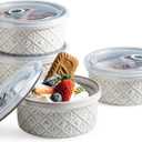 12 oz Souffle Ramekins Oven Safe with Lids, Small Creme Brulee Dishes, Ceramic Custard Cups Baking Bowls for Dessert, Dipping Sauce, Pudding, Set of 4, Beige