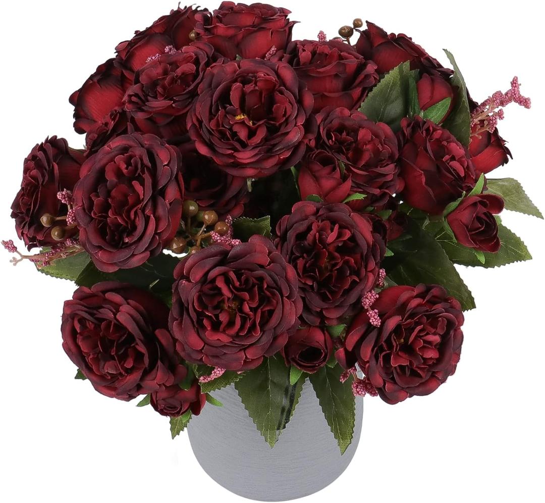 Artificial Peonies Silk Flowers, Burgundy Faux Peony Bouquet 4 Bundles Florals Arrangements for Farmhouse Home Boho Wedding Table Centerpiece, Fake Plastic Flowers Bulk for Vase Decoration (Burgundy)
