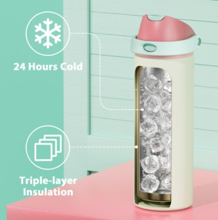 24 oz Insulated Water Bottle with Straw: Meoky Stainless Steel Metal Water Bottle with 2in1 Lid  Leak Proof, Cold for 24 Hours, Fits in Car Cup Holder, BPAFree for Travel Sports Gym, Cream