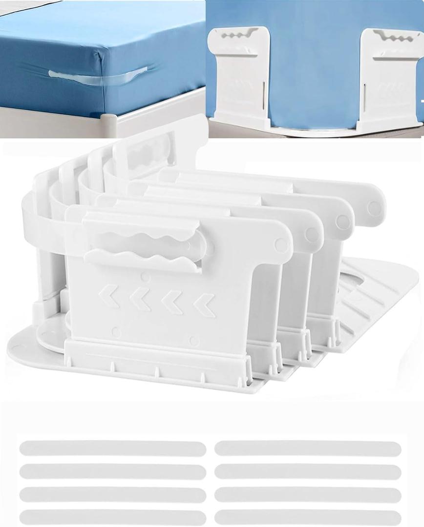 Sheet Holders for Bed Corners, 4 Sets with 8 Plastic Fasteners Lock Strips Keep Sheets Firm & Tight, Secure Fitted Sheet Holder for Corner, Durable Bedding Clips (White)