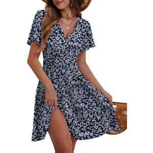 MixShe Sundresses for Women 2025 Floral Summer Elegant Beach Classy Fashion Casual Outfit Plus Size (Medium, Navy Leaf)