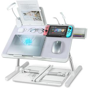 Laptop Lap Desk with Cooling Fan - Adjustable with Light, USB, Storage Drawer - Folding Bed Desk,22.04"*12.59",Grey (Grey,56-32cm)
