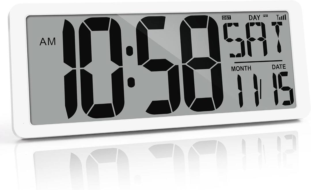 Digital Atomic Clock Never Needs Setting, 14.2 Wall Clock, Large Display Clock Battery Operated with Temp, Date,Timer, DST, for Living Room, Bedroom, Classroom White