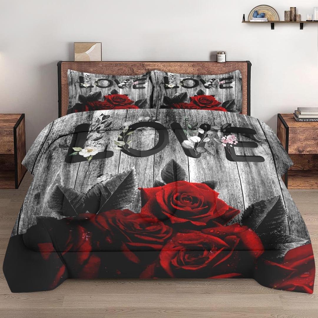 Comforter Set Twin Size with Pillowcase, Red Rose Flower 2 Pcs Bedding for Kids and Adults, Summer Vintage Woodboard Soft Comforter Set for Bedroom Bed Decor (Multi 4)
