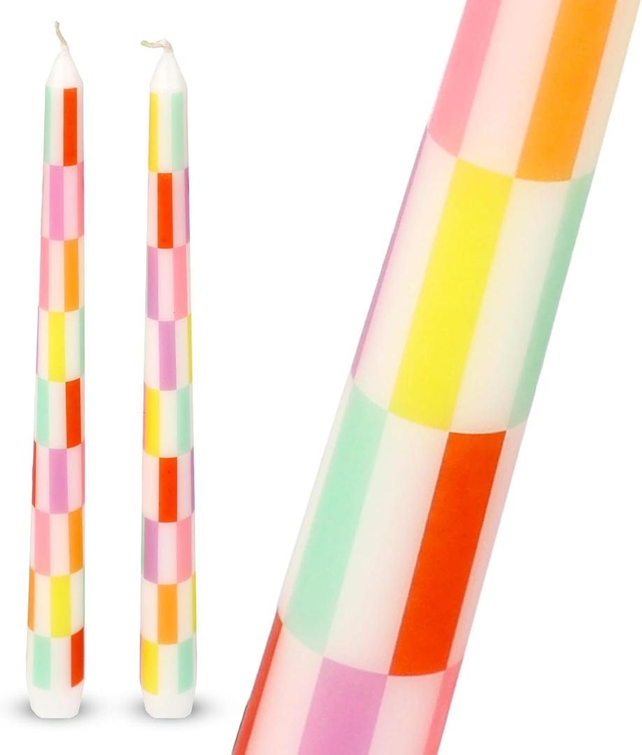 Talking Tables 2 x Colorful Checkered Tapered Tall Dinner Candles Made of Wax, Stylish Table Decorations Table Centrepieces, Summer Decor. Eco Packaging, Unscented, Burn Time 5 Hours, 10inches