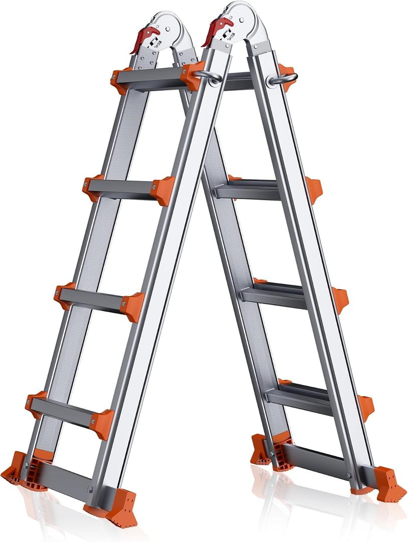 A Frame Ladder, 14Ft Aluminum Extendable Ladder with Stabilizer Bar, Easily Collapsible Telescoping Ladder for Home, Roof, Rv, Outdoor Work, 330 Lbs (Silver+Orange)