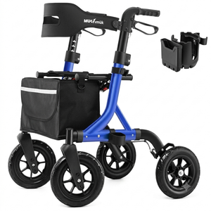 Rollator Walker for Seniors, Foldable All Terrain Rolling Walker with seat, Aluminum Walkers with 10 inch Rubber Wheels, Adjustable Handles and Backrest for Seniors (Blue)