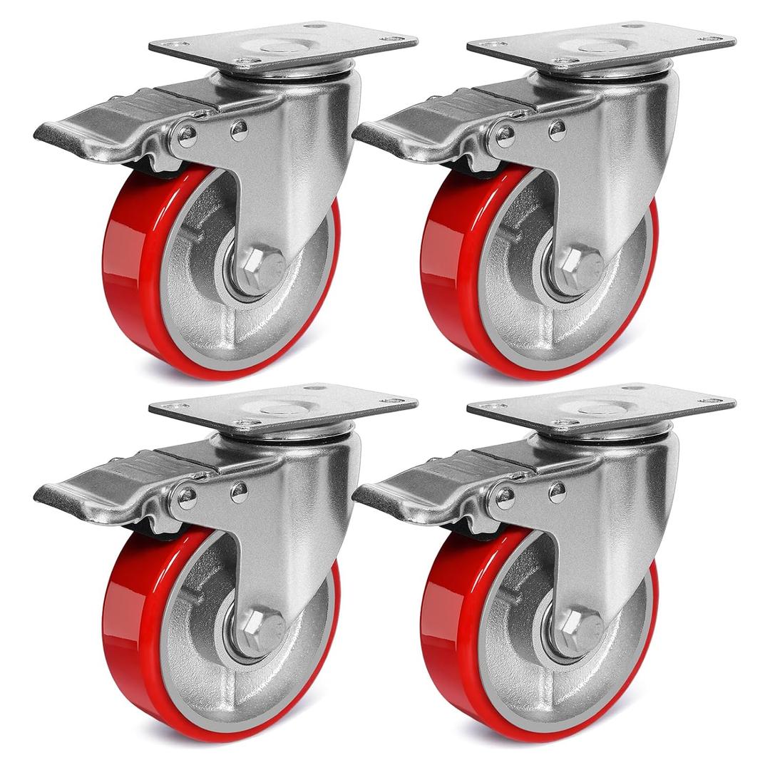 4 Inch Heavy Duty Casters, Swivel Caster Wheels with Brake, Polyurethane on Steel Wheel- Casters Set of 4 with 2000 lb Capacity, Caster Wheels for Furniture Workbench Cart (4 Brake)