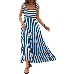 PRETTYGARDEN Women Dresses 2025 Summer Floral Sleeveless Maxi Dress Casual Spaghetti Strap Tiered Flowy Beach Long Dress (Small, S-blue White)