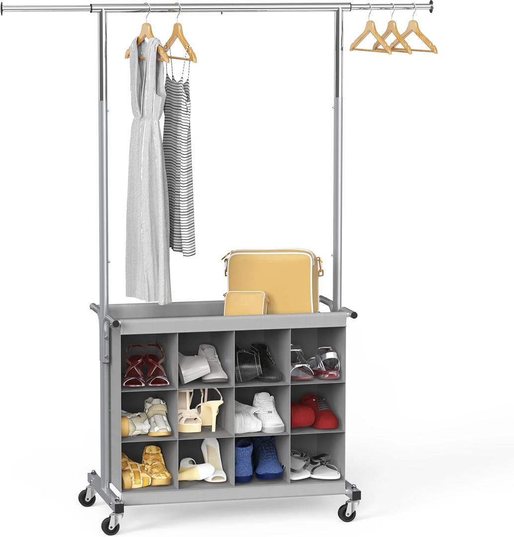 Simple Houseware Garment Rack with Extensible Haning Rod and 16 Shoes Organizer, Grey
