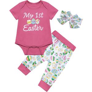 Easter Baby Girls' Eggs Outfit Set Romper Cute Pants with Headband (Yellow)