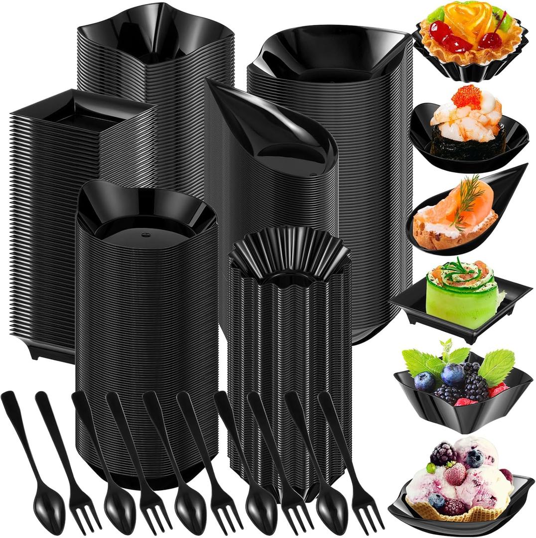 Tessco 1200 Pcs Mini Appetizer Plates Set Including 600 Pcs 6 Shapes Disposable Mini Dessert Cups 300 Spoons 300 Forks for Party Wedding Pudding Ice Cream(Black)