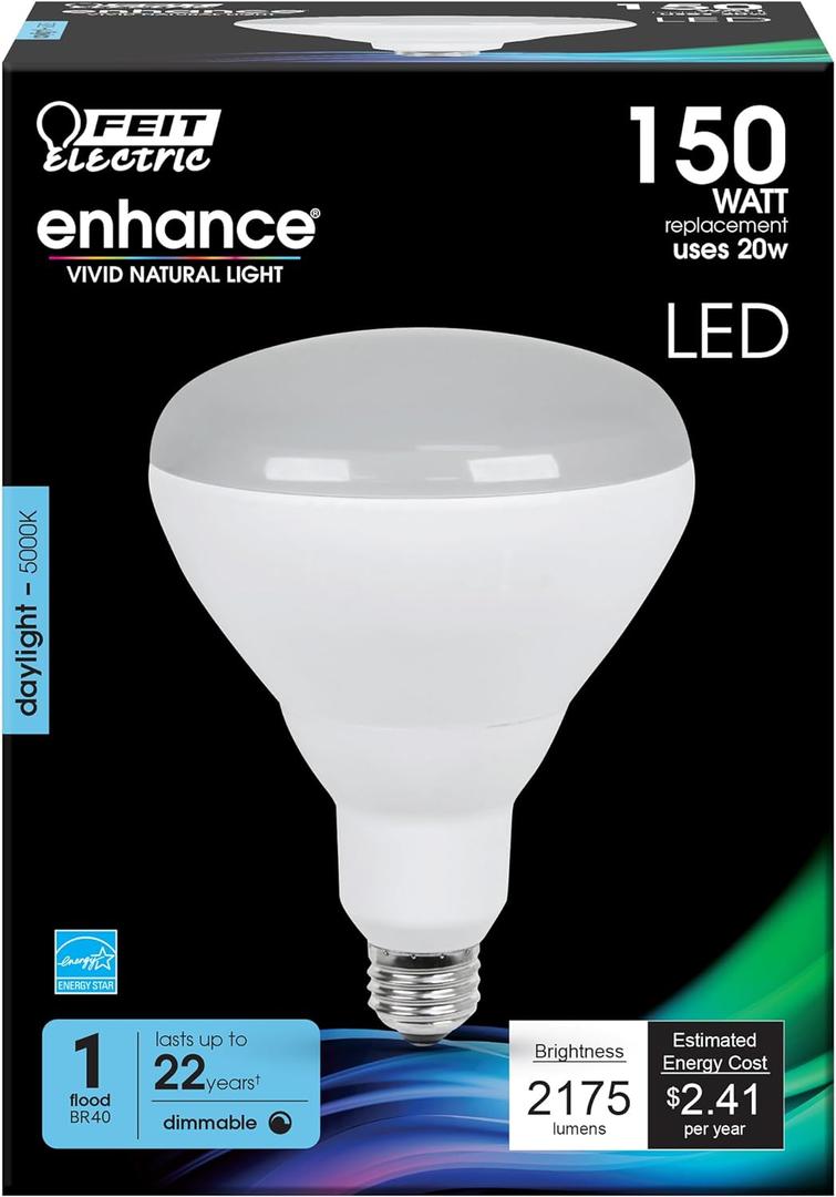 Feit Electric BR40 LED Light Bulb, 150W Equivalent, Dimmable, 2175 Lumens, E26 Medium Base, 5000K Daylight, 90 CRI, Flood Light Bulb for Recessed Cans, Damp Rated, 22-Year Lifetime, BR40DM/2175/950CA