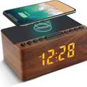 ANJANK Wooden Digital LED Alarm Clock FM Radio, Fast Wireless Charger Station for iPhone/Samsung Galaxy, 5 Level Dimmer, USB Charging Port, 9 Sounds, Sleep Timer for Bedroom, Bedside, Desk (Brown)
