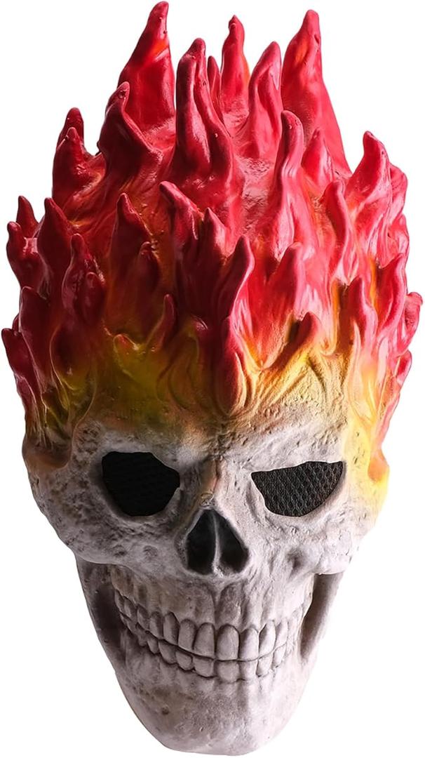Flame Skull Halloween Mask - Realistic Latex Full Head Skeleton Mask with Flame Hair