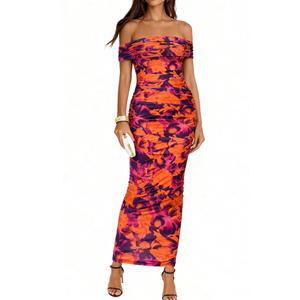 BTFBM Cocktail Dresses for Women 2026 Elegant Classy Off Shoulder Bodycon Mesh Slit Floral Maxi Spring Summer Dress(Floral Purple Orange, X-Large) (XL)