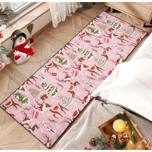 Britown Christmas Reindeer Runner Rug, 2'x 6' Snow Tree Pink Non Slip Area Rug Indoor Entry Floor Mat for Bathroom Kitchen Bedroom Decoration