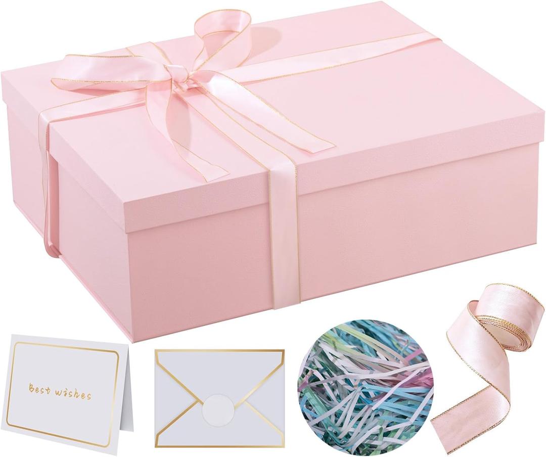 Rinrda Extra Large Gift Box 16.5x13x5.5 inches, Pink Gift Boxes with Lids for Presents, Perfect for Birthday, Valentine's Day, Christmas, Anniversaries, Contains Card, Ribbon, Shredded Paper Filler