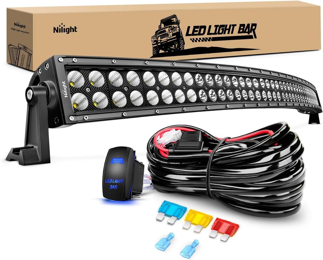 Nilight ZH119 54Inch 54 Inch 312W Curved Spot Flood Combo Bar LED Off Road Driving Light and 1PC 14AWG 12V 5Pin Rocker Switch Wiring Harness Kit-1 Lead
