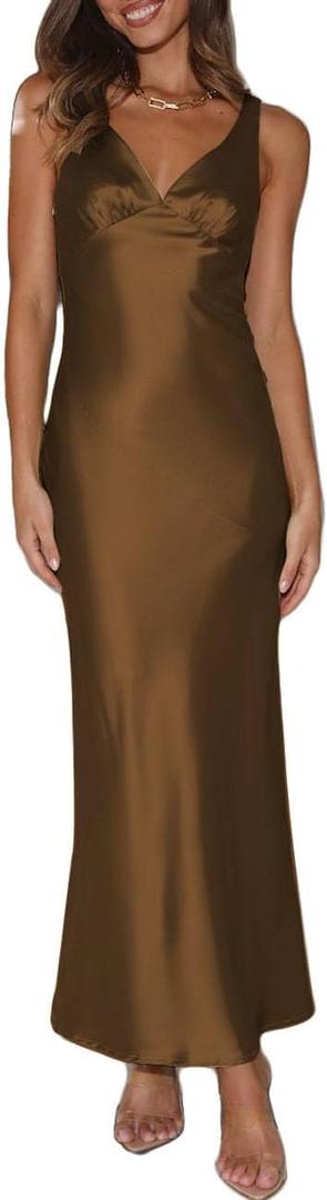 Womens Elegant Satin V Neck Backless Sleeveless Maxi Dress Silk Tie Low Back Formal Cocktail Dresses Wedding Guest (Large, Brown)