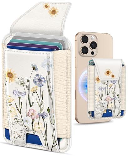 Shorogyt Compatible with Magsafe Wallet for Women - Phone Wallets for Magnetic Card Holder Mag Rfid Watercolor Flower for iPhone 17/16/15/14/13/12 Series Cute with Elastic and Flap Cover, Fit 7 Cards