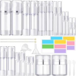 Meanplan 32 Pack Airless Pump Jars Set 3.4/1.7/1/0.34oz Refillable Travel Cosmetic Container Mini Leak Proof Atomizer Spray Bottle Skincare Dispenser for Toiletry, Cream Lotion, Foundation, Shampoo
