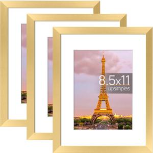 upsimples 8.5x11 Picture Frame Set of 3, Made of High Definition Glass for 6x8 with Mat or 8.5x11 Without Mat, Wall Mounting Photo Frames, Gold