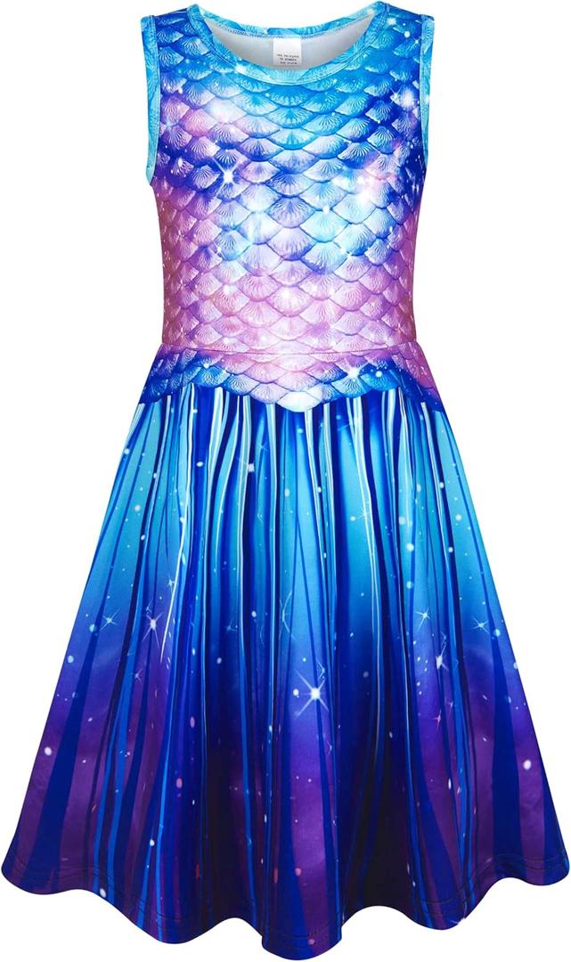 Funnycokid Girls Dress Summer Sleeveless Sundress Birthday Outfit Twirly Mermaid Party Kids 4-15 Years (6-7 Years, Mermaid Tail Neon Blue)