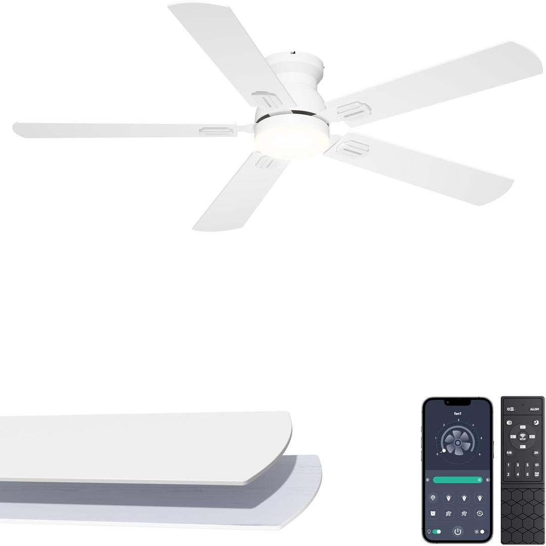 52'' Low Profile Ceiling Fan with Light, White Flush Mount Ceiling Fan for Low Ceilings, Quiet DC Motor, App/Remote Control, Modern Overhead Fan for Bedroom Living Room