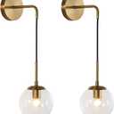 KCO Modern Glass Globe Wall Sconce Set of Two Minimalist Gold Wall Light Fixture with Adjustable Cord Brass Round Glass Wall Mounted Reading Lamp (Clear-2PC)