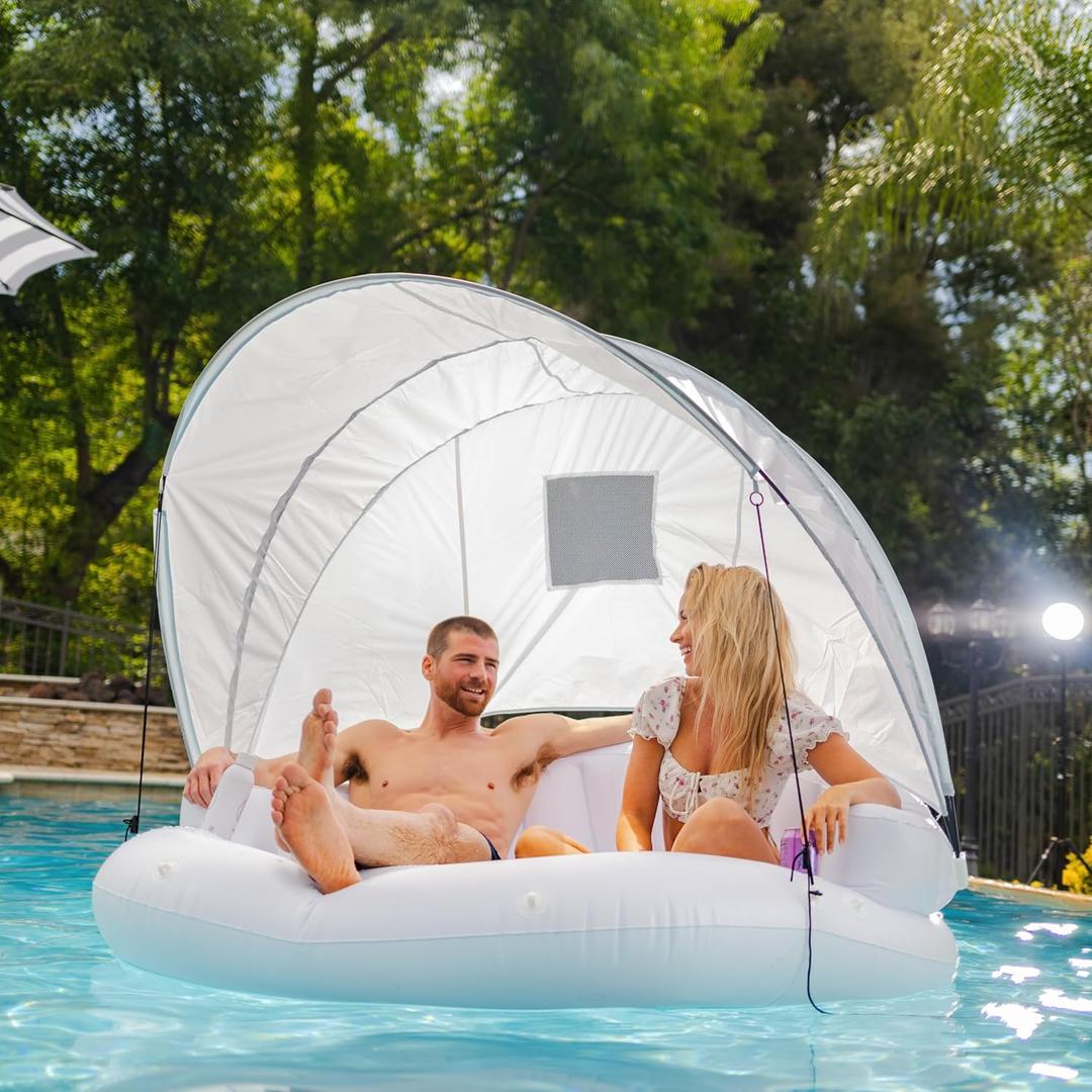 Comfy Floats Inflatable Cabana - 2 Person Pool Float with Detachable Fabric Sun Shade, Backrest, Built in Cup Holders, and Grab Rope, White