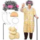 Yaomiao 8Pcs Old Lady Costume Set for Women Fat Suits Grandma Dress Suits Short Sleeve Robe Granny Wig Crutch (Cute Gray Hair, Large)
