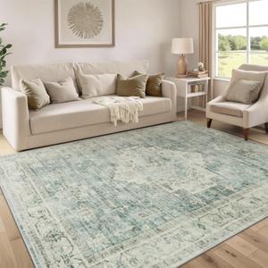 LIVEBOX Washable Area Rug 5x7 Rugs for Living Room Bedroom, Non-Slip Boho Indoor Carpet for Dining Room Office, Low-Pile Farmhouse Soft Carpets for Kids Nursery Playroom, Sage Green (5'x7')