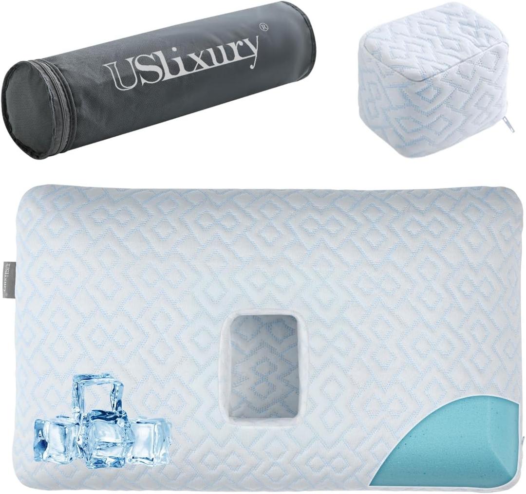 Ear Piercing Pillow with Foam Plug for Side Sleepers-Ear Pillow with Off Center and 5.1"X3.2" Large Ear Hole for Ear Pain/CNH, Soft CertiPUR-US Memory Foam, Cooling Removable Cover, Travel 22"X13"X4''