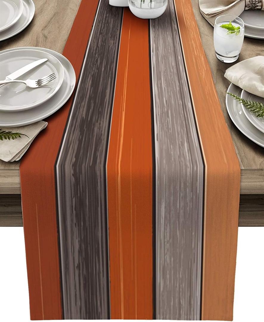 Farmhouse Cotton Linen Table Runner Dresser Scarf Retro Rustic Barn Wood Texture Ombre Burnt Orange Gray Non-Slip Rectangle Settings Decoration for Kitchen Home Dining Holiday,90 inches Long