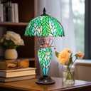 Tiffany Lamp Green Wisteria Stained Glass Table Lamp 3-Lights | Antique Style Nightstand Bedside Reading Light Nightlight for Living Room Bedroom Study Office W12" x H23"