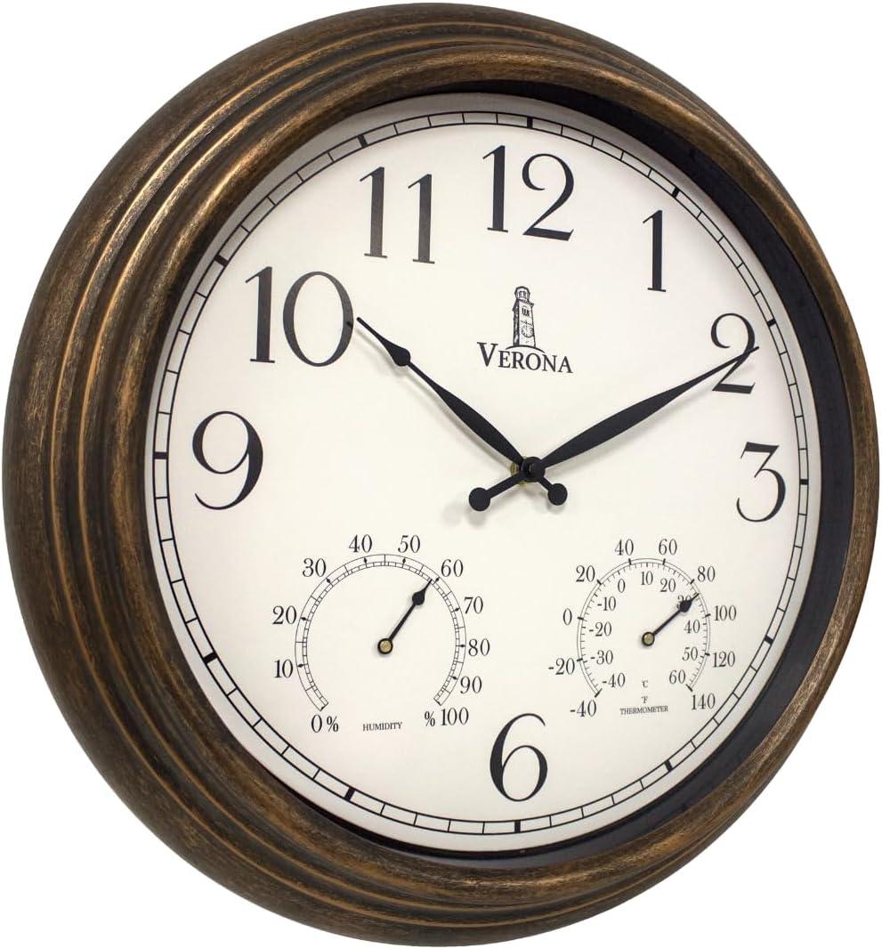 Outdoor Clocks for Patio Large Waterproof with Thermometer - 18 inch Indoor Outdoor Wall Clock with Temperature and Humidity Combo - Weatherproof, Accurate & Easy to Read for Pool, Garden & Home Decor (Bronze)